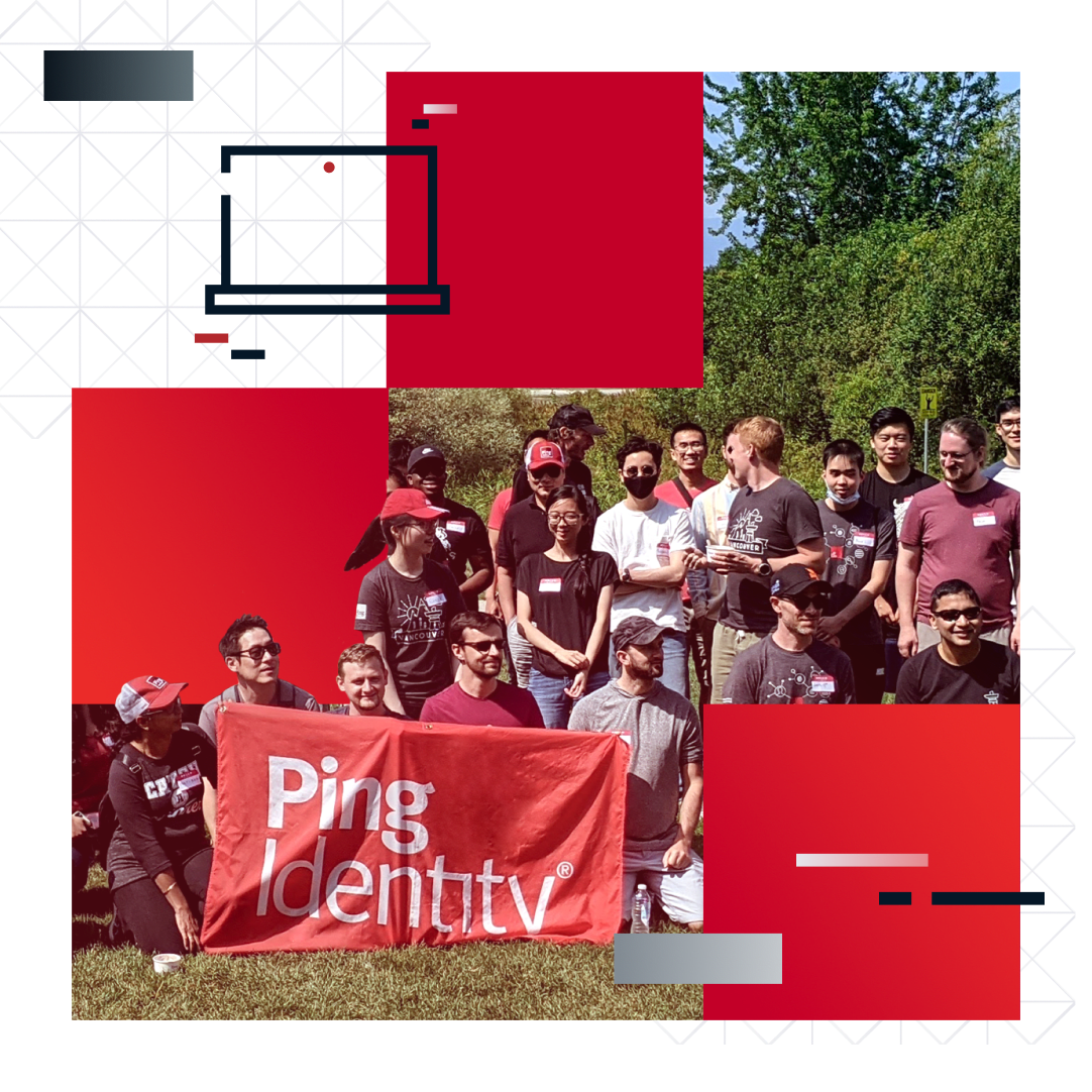 PingIdentity employees of diverse backgrounds gathered outside smiling and holding up a red PingIdentity banner